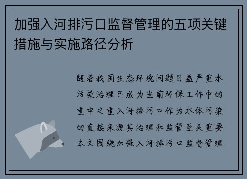 加强入河排污口监督管理的五项关键措施与实施路径分析