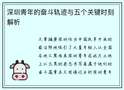 深圳青年的奋斗轨迹与五个关键时刻解析